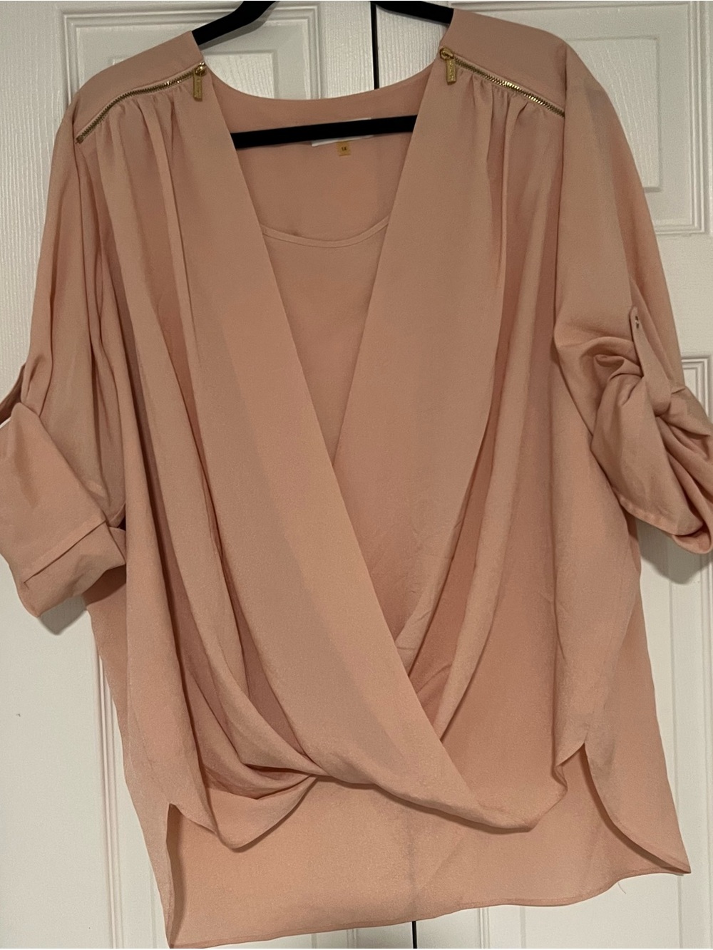 Calvin Klein Blush Pink Wrap-Front Blouse with Gold Zipper Accents